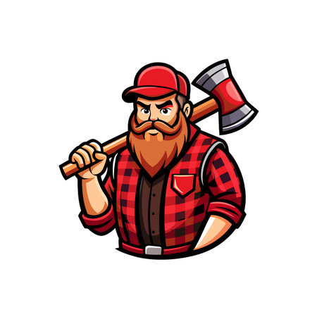 Cartoon lumberjack illustration with axe and checkered shirt vectorのイラスト素材