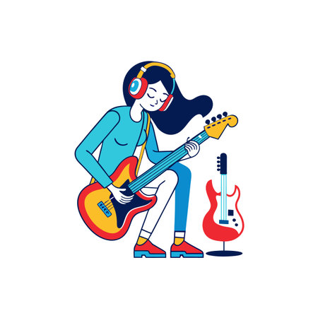 Girl enjoying music while playing electric guitar flat illustrationのイラスト素材