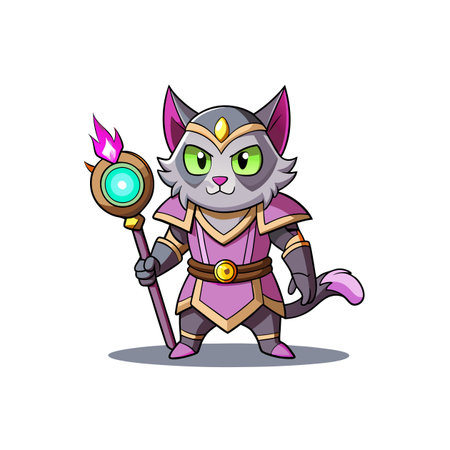 Cartoon cat mage character with magic staff illustrationのイラスト素材