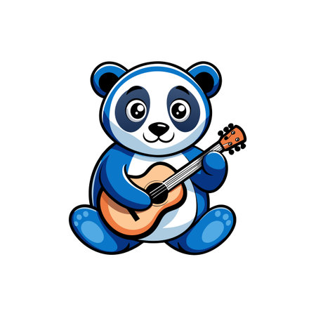 Playful Blue Panda Cartoon Playing Acoustic Guitar Illustrationのイラスト素材