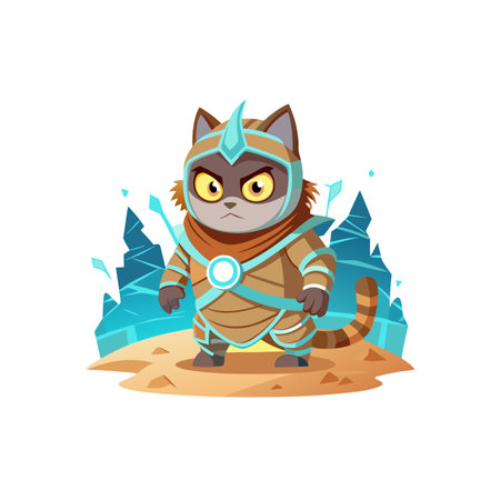 Cartoon raccoon warrior with ice elements stands on sandのイラスト素材