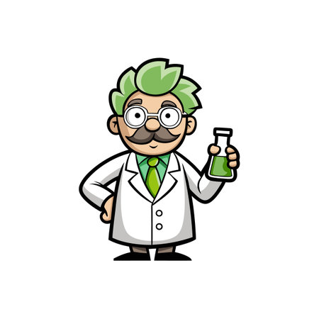Scientist Man Cartoon Character With Glasses Holding a Bottle Of Oilのイラスト素材