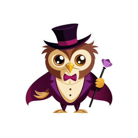 Cartoon owl wearing top hat and suit holding caneのイラスト素材