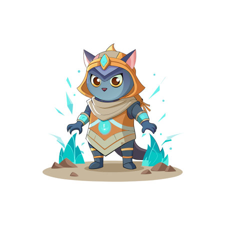 Cartoon cat character surrounded by crystals in desert settingのイラスト素材