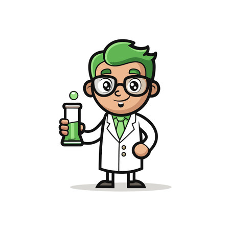 Cartoon scientist holding beaker with green liquid solutionのイラスト素材