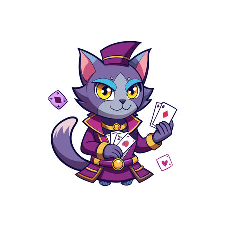 Cartoon cat character in purple gambling uniform holding cardsのイラスト素材