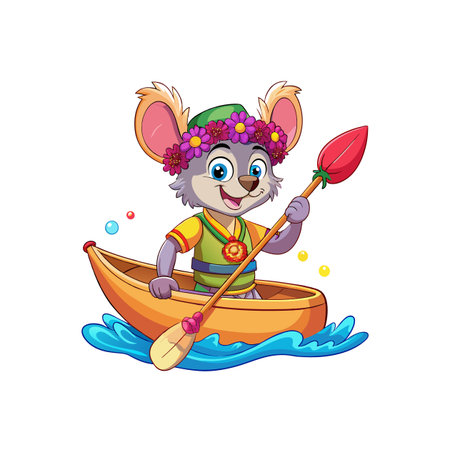 Cartoon mouse paddling a canoe down a riverのイラスト素材