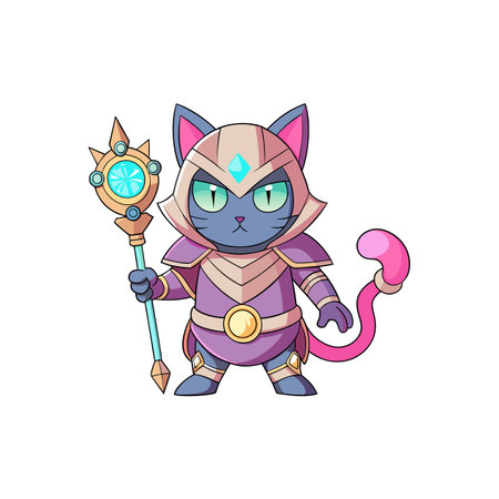 Cartoon cat mage stands holding a magical staffのイラスト素材