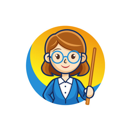 Cartoon Teacher Icon with Pointer and Cheerful Expressionのイラスト素材