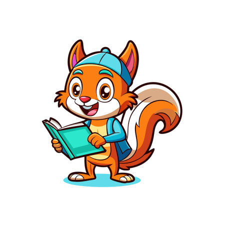 Cheerful Cartoon Squirrel Reading a Book with Backpackのイラスト素材