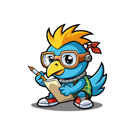 Cartoon bluebird artist drawing on notepad in red sneakersのイラスト素材