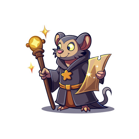 Cartoon Mouse Wizard Holding Staff and Cheese Map Illustrationのイラスト素材