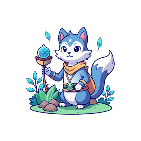 Cartoon fox mage casting water spell in enchanted forestのイラスト素材