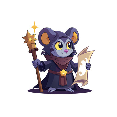 Cartoon mouse wizard with staff and scroll on whiteのイラスト素材