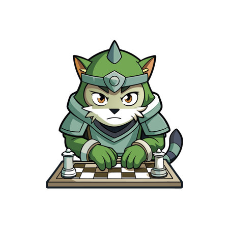 Armored cat character playing chess with serious expressionのイラスト素材