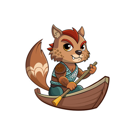 Cartoon wolf rowing boat cheerfully on white backgroundのイラスト素材