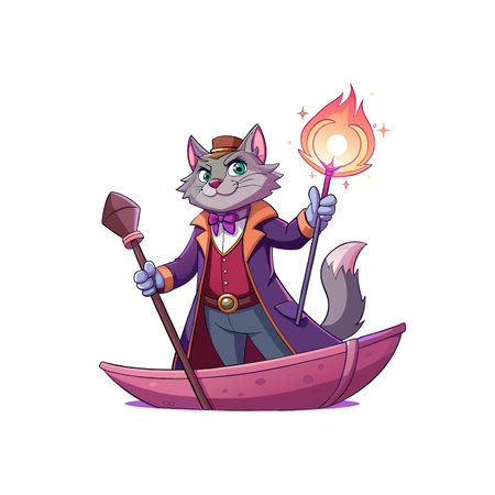 Cartoon feline adventurer sails with magic and mystery abroadのイラスト素材