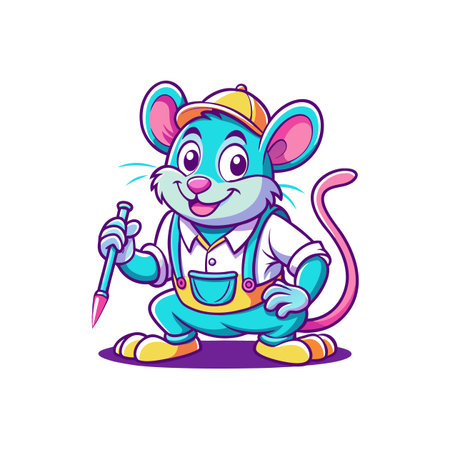 Cartoon mouse painter character with overalls and paintbrush illustrationのイラスト素材