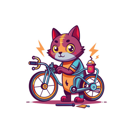 Cartoon cat character with bicycle and energy drink illustrationのイラスト素材