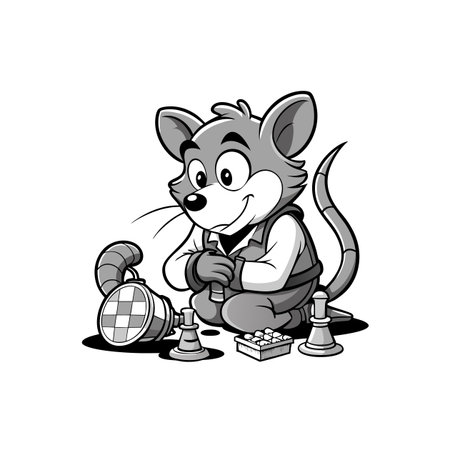 Mouse cartoon character playing chess with a chess setのイラスト素材