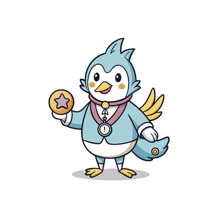Cartoon bird mascot wearing formal wear holding star coinのイラスト素材