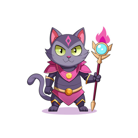 Cartoon cat mage holding a magical staff illustrationのイラスト素材