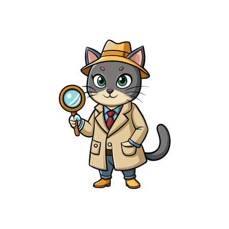 Cartoon cat detective with magnifying glass on white backgroundのイラスト素材