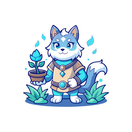 Cartoon wolf character with plant in a pot illustrationのイラスト素材