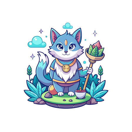 Blue Fox Mage Cartoon Character with Staff and Potのイラスト素材