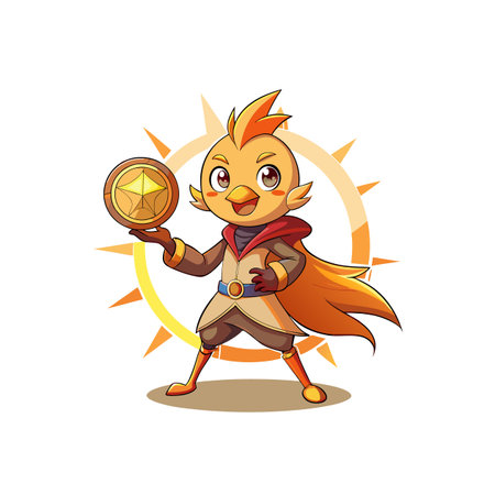 Cartoon chicken superhero holding a golden coin emblemのイラスト素材