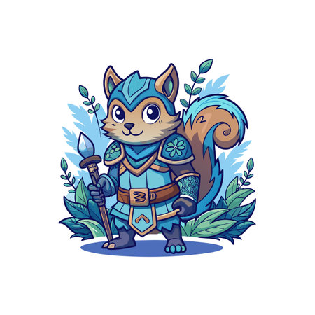 Cartoon squirrel warrior in blue armor holding spear weaponのイラスト素材
