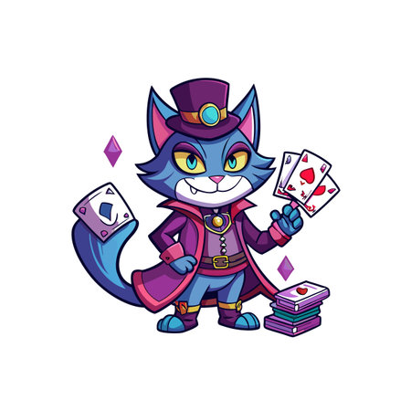 Cartoon cat magician character with playing cards and diamondsのイラスト素材