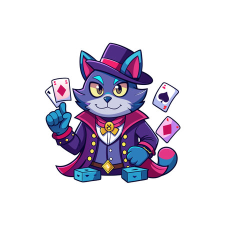 Cartoon cat magician plays cards, vector illustration styleのイラスト素材