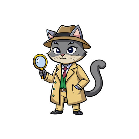 Detective Cat cartoon character wearing trench coat investigatesのイラスト素材