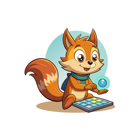 Cartoon fox playing game with orb and tile padのイラスト素材