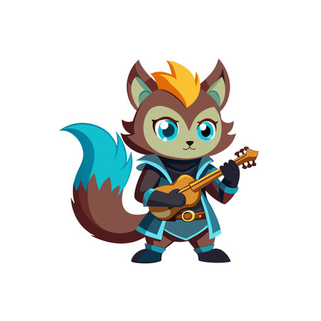 Cartoon fox character playing ukulele, vibrant and detailed styleのイラスト素材