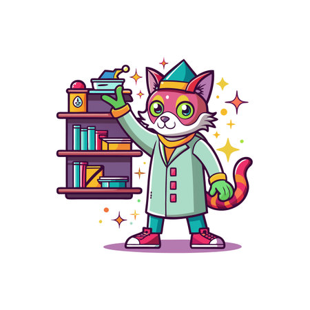 Cartoon cat scientist with shelf full of colorful objectsのイラスト素材