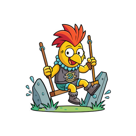 Playful cartoon chicken character swinging outdoors on handmade swingのイラスト素材
