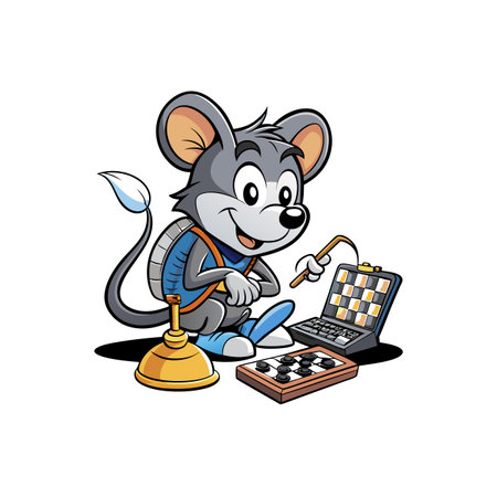 Cartoon mouse playing checkers alone with modern accessoriesのイラスト素材