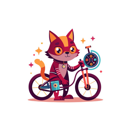 Cartoon cat with bicycle and sparkling star accents illustrationのイラスト素材