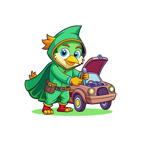 Cartoon bird mechanic fixing a car with open hoodのイラスト素材