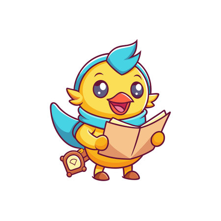 Cartoon chick character holding book wearing scarf and satchelのイラスト素材