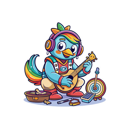 Cartoon bird playing guitar wearing headphones illustration designのイラスト素材