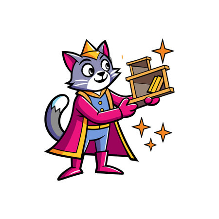 Cartoon cat king holds bookcase with magical sparklesのイラスト素材