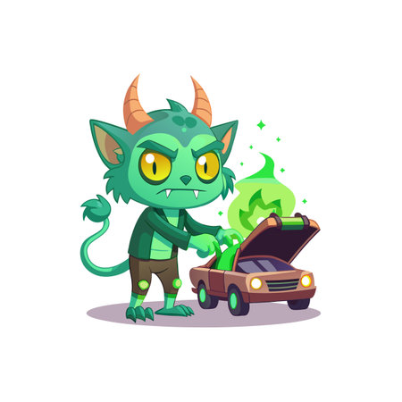 Cartoon monster fixing a car with green magic smokeのイラスト素材