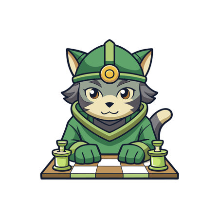 Cartoon cat playing chess, wearing green knight costumeのイラスト素材