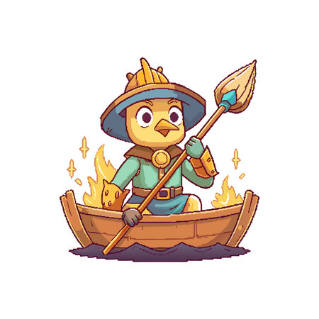 Pixel art bird warrior sailing through fire on wooden boatのイラスト素材