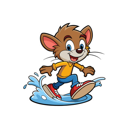 Cartoon mouse happily surfing on a water wave splashのイラスト素材