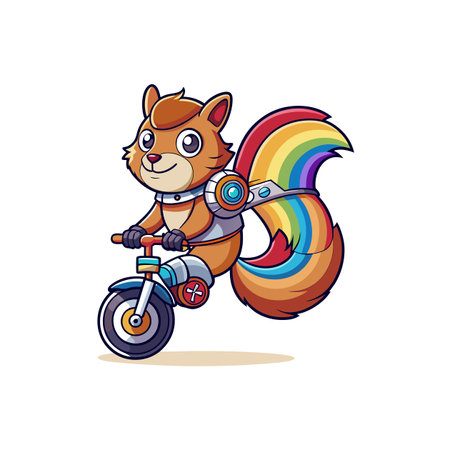 Cartoon squirrel riding futuristic bicycle with rainbow tail designのイラスト素材