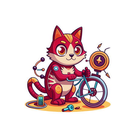 Cartoon cat character repairing advanced bicycle with tool kitのイラスト素材